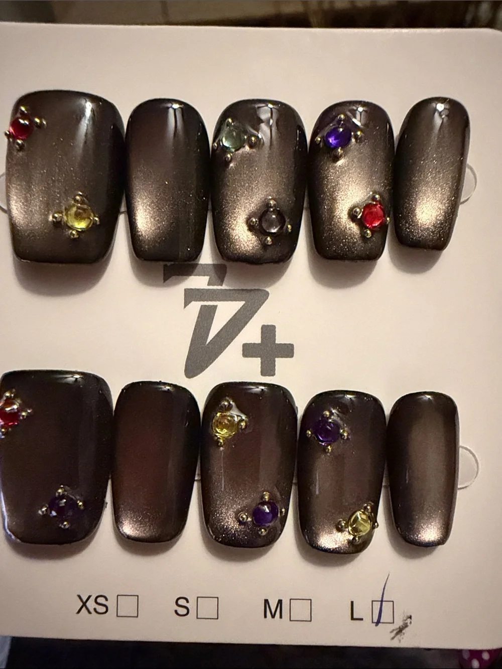Cateye Charcoal handmade acrylic Press-On Nails with Multicolor Gems